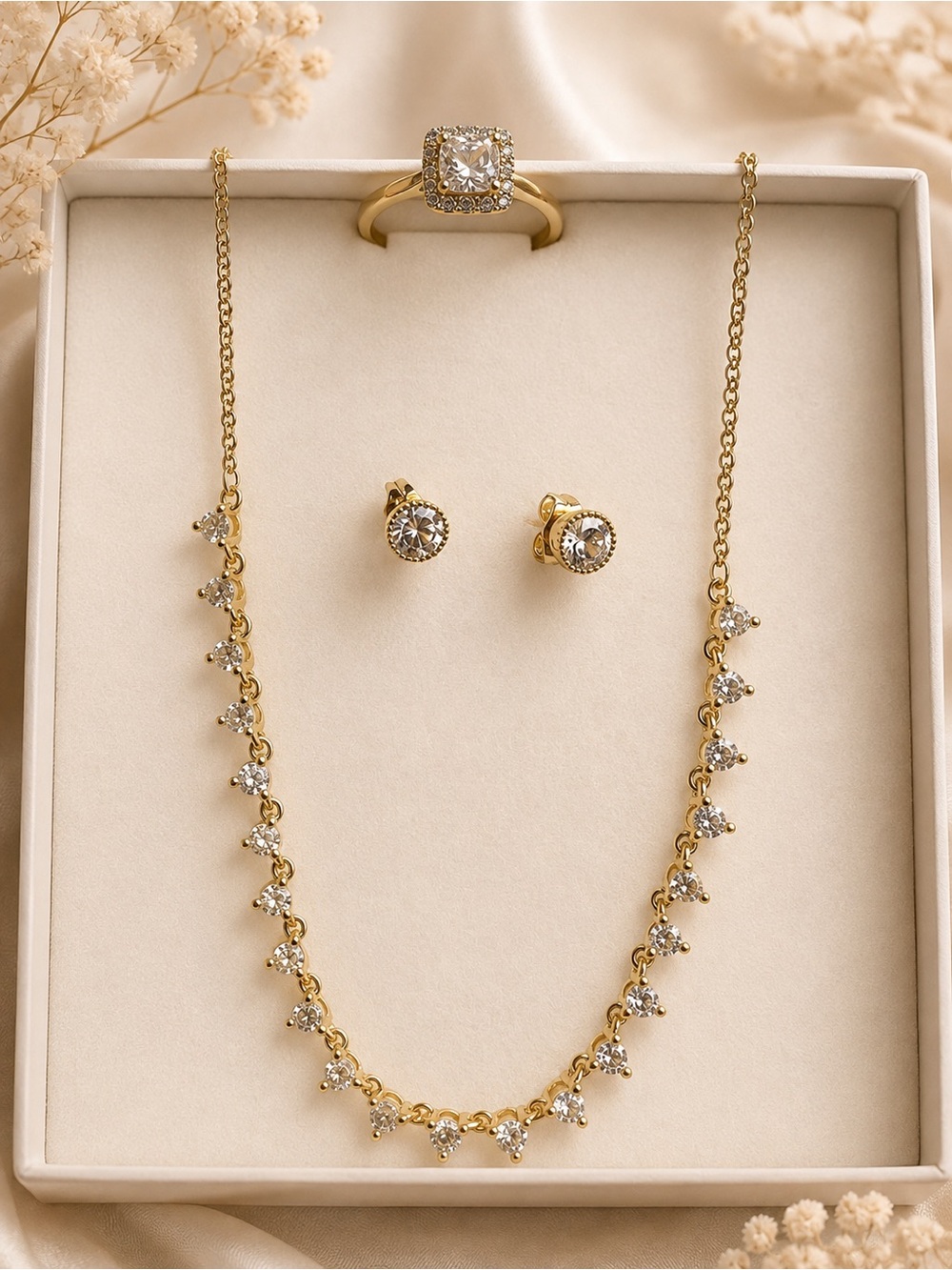 Gold Cubic Zirconia Necklace, Earrings & Ring Set